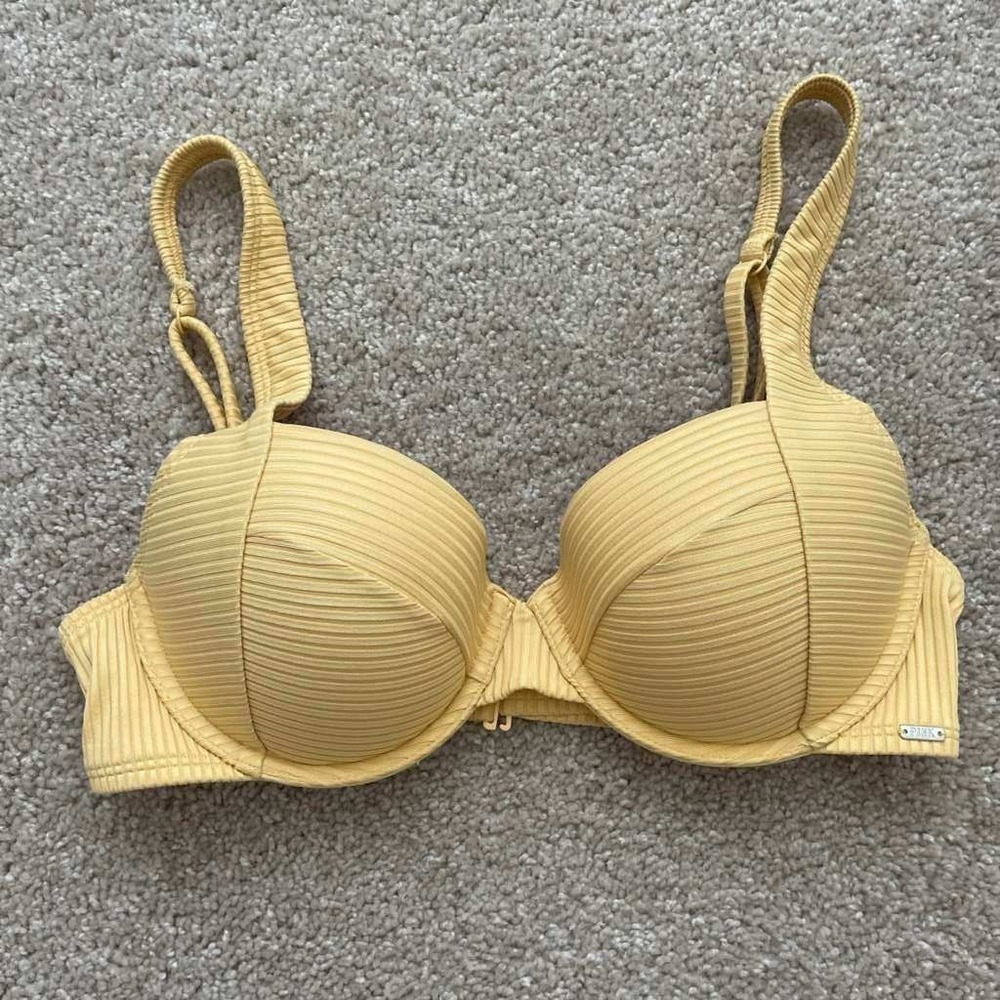 PINK Victoria's Secret Yellow Ribbed Push Up Bikini Top Size M RN54867 CA23226